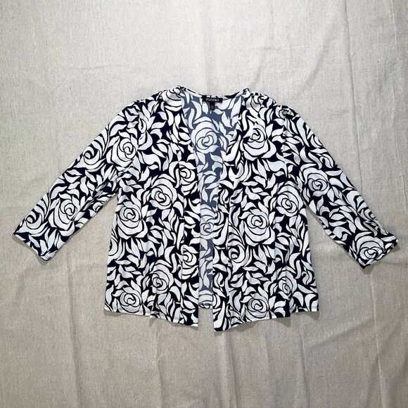 Roz & Ali | Textured Rose Print White & Navy Open Front Jacket | Large - Picture 1 of 6